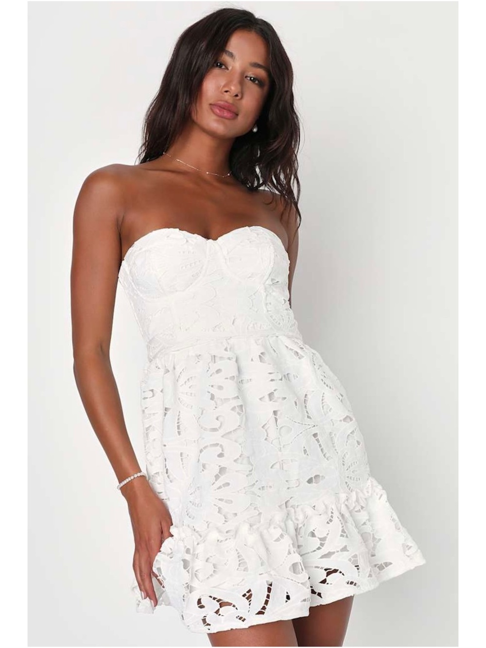 LULUS Floral Lace Strapless Sweetheart Neck Bustier Ruffle Hem Coquette Dress L